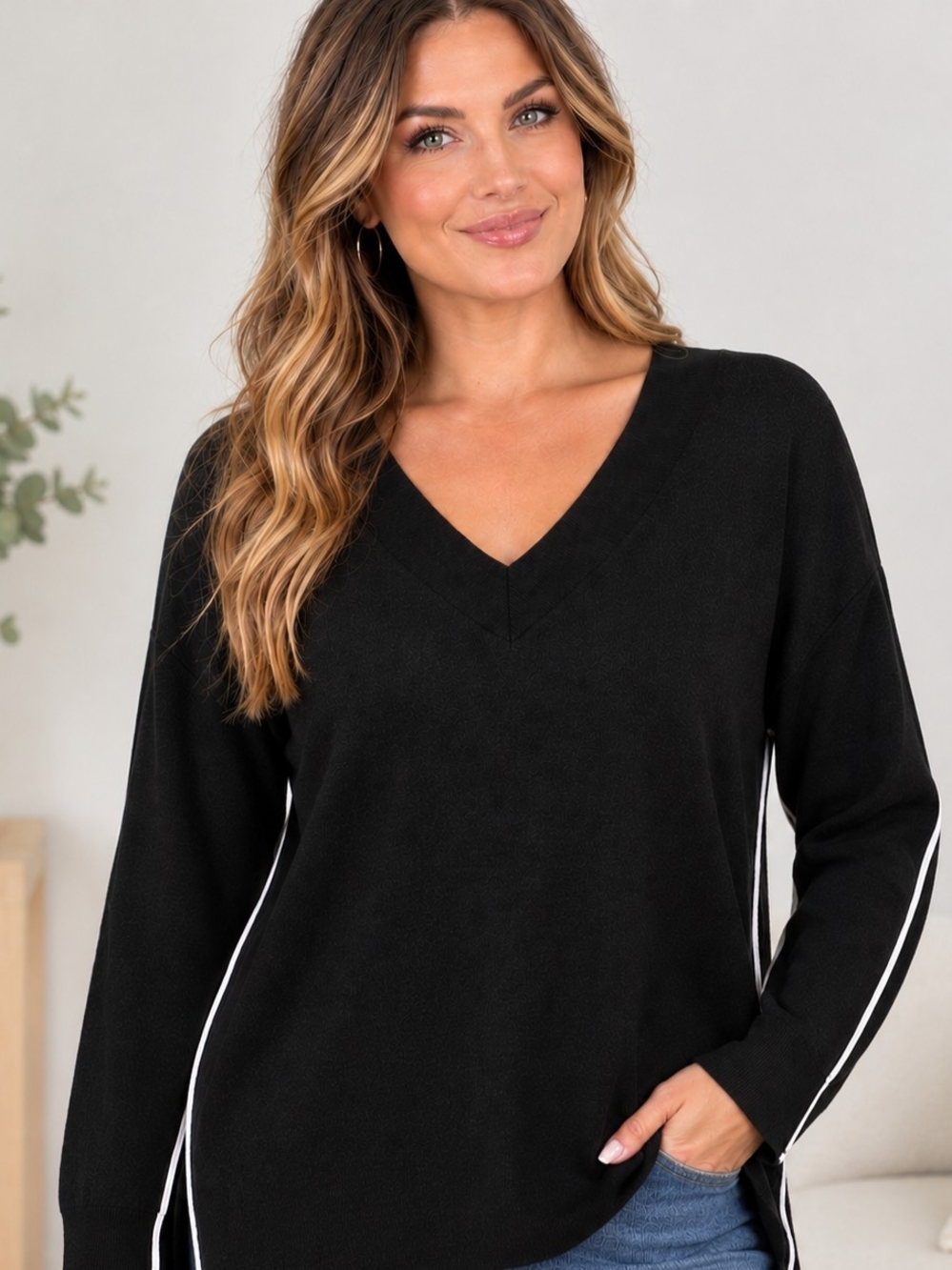 Chelsea28 Black V-Neck Sweater with White Piping